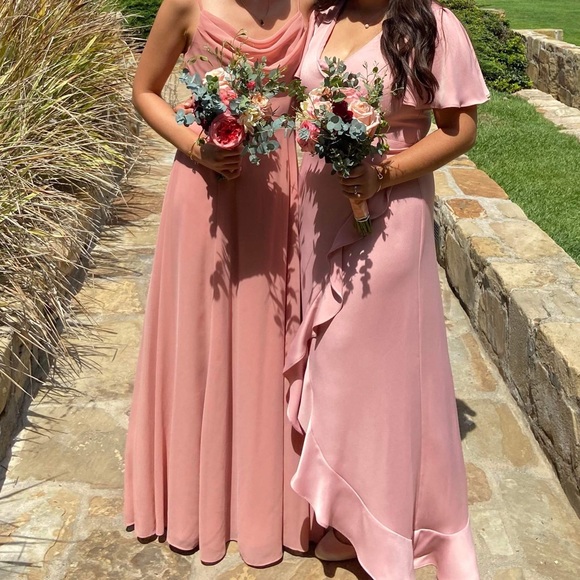 HEMMED David's Bridal Desert Coral Cowl Neck Chiffon Dress - Picture 3 of 4